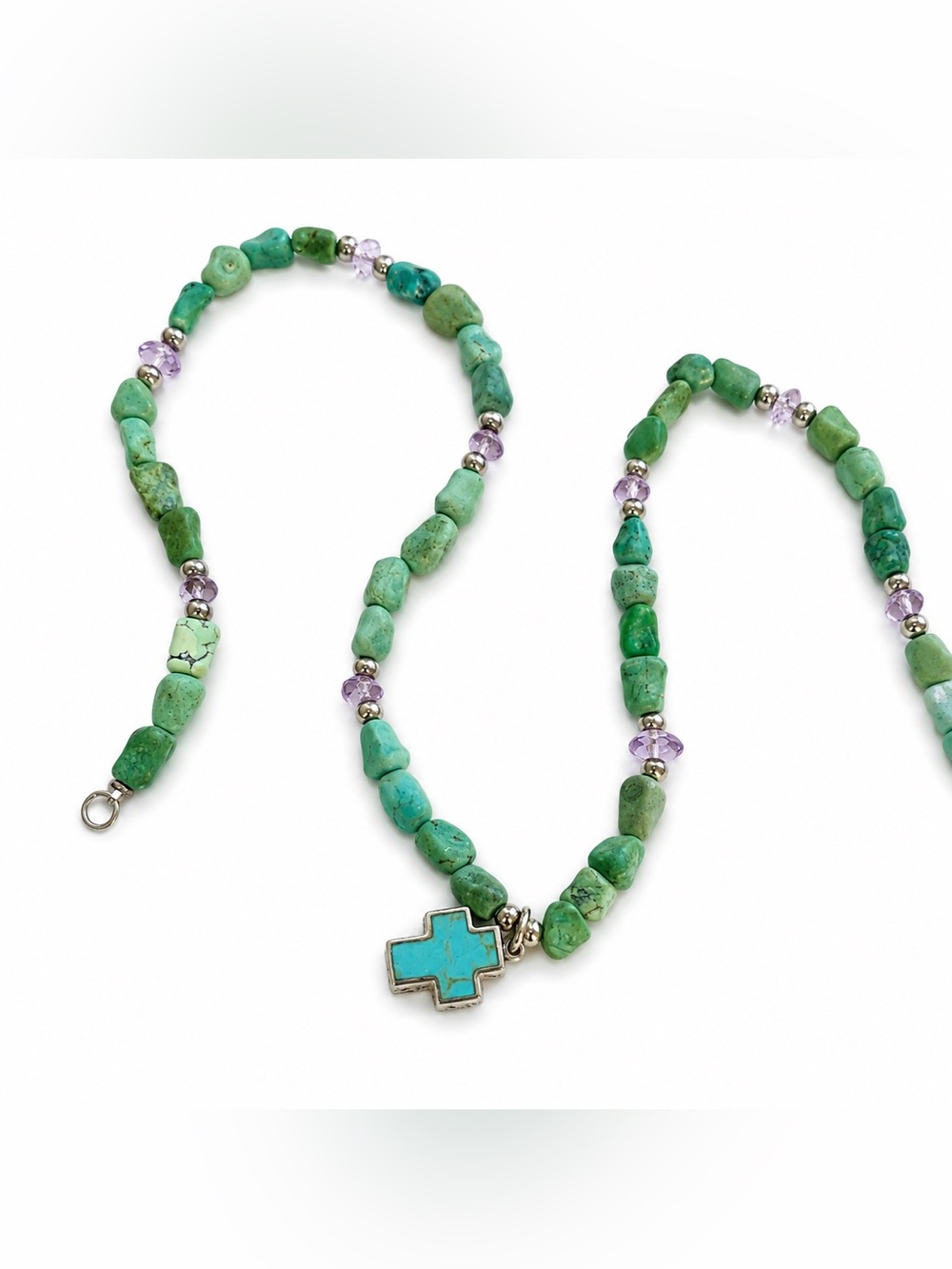 Sterling Silver Turquiose nugget and Amethyt  Beaded Necklace with Cross Pendant